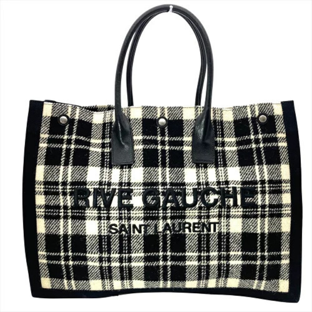 Saint Laurent Rive Gauche Tote Bag Leather Ivory White Black Check
